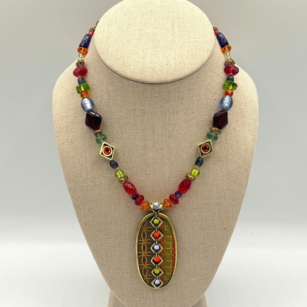 Chico's Beaded Statement Necklace Multi-Color Brass Oval Pendant Boho Festival